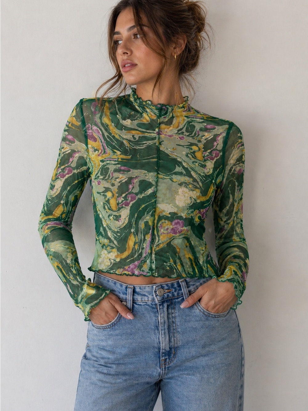 RSQ Sheer Mesh Cropped Top Green Marble Print Long Sleeve Y2K Fairy Grunge Large